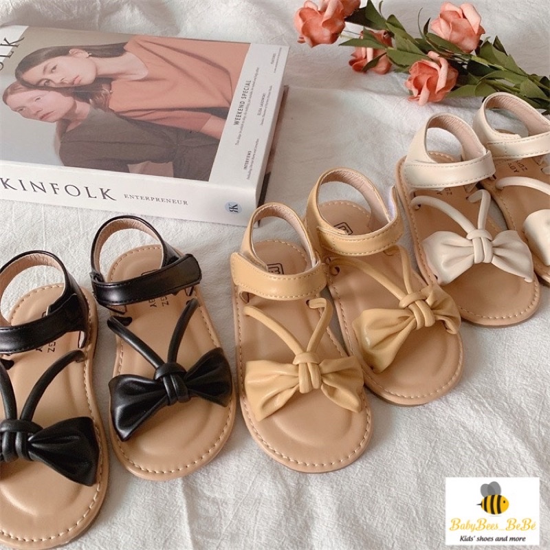 Sandal cho bé gái, dép quai hậu phối nơ quai chéo siêu cute đế mềm chống trơn trượt, 736 sz21 -sz30, trắng, đen, vàng