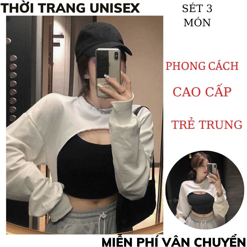 Set 3 món áo crt khoét ngực quần jogger rút gấu ulzzang/ Áo crt dài tay kèm áo 2 dây ôm body và quần ống rộng XƯỞNGMTC2