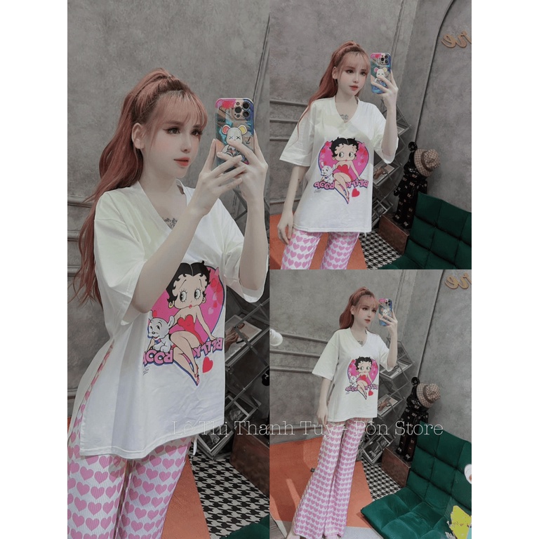SÉT BỘ NỮ ÁO THUN CÔNG CHÚA HỒNG PHỐI QUẦN TRÁI TIM ỐNG LOE SIU SANG CHẢNH MM7