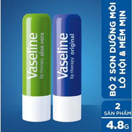 Combo 2 son dưỡng môi Vaseline dạng thỏi Lip Therapy Stick: Lô Hội Aloe Vera và Mềm Mịn Original (4.8g x 2)