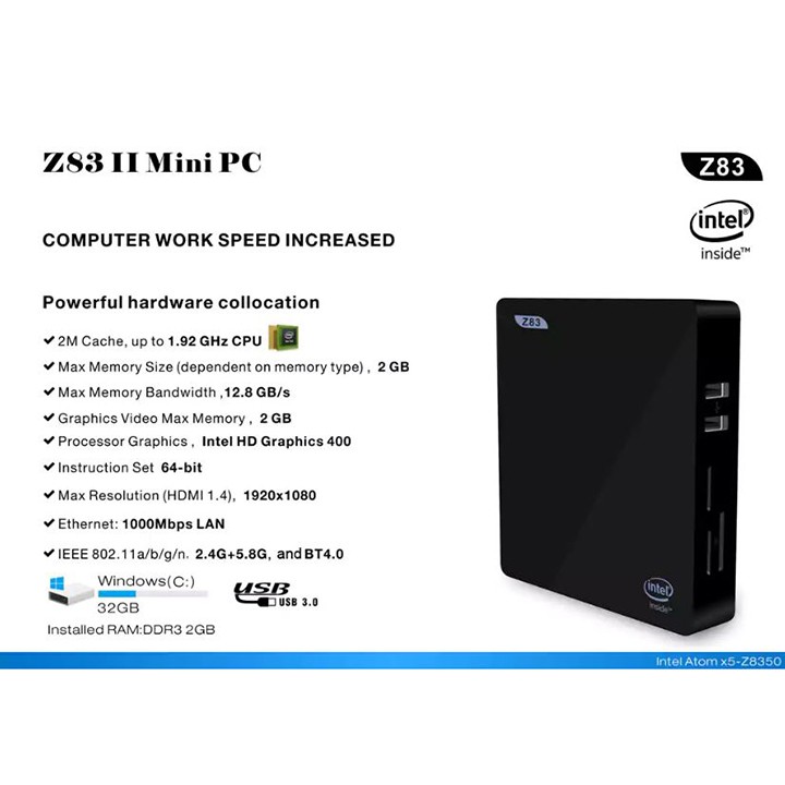 Mini PC Z83ii Ram 2G chip Intel Z8350 Window 10