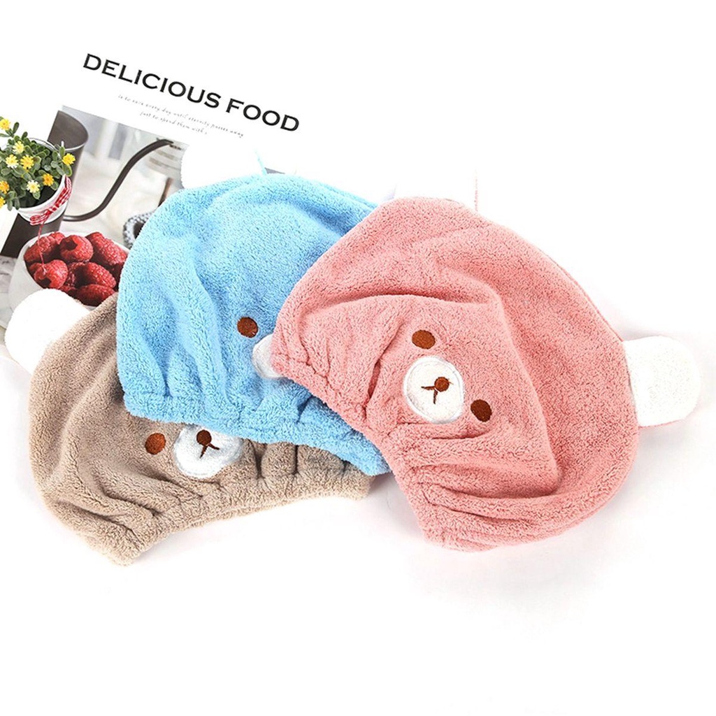Mũ Trùm Đầu Sấy Khô Tóc Sau Khi Tắm Bằng Sợi Micro Siêu Thấm Hút Hình Gấu Dễ Thương