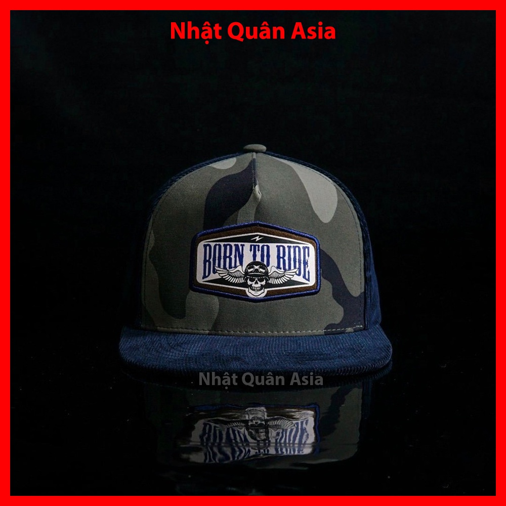 Nón Born To Ride nhung gân xanh phối camo khoá bấm cao cấp - Nhật Quân Asia nhatquanasia