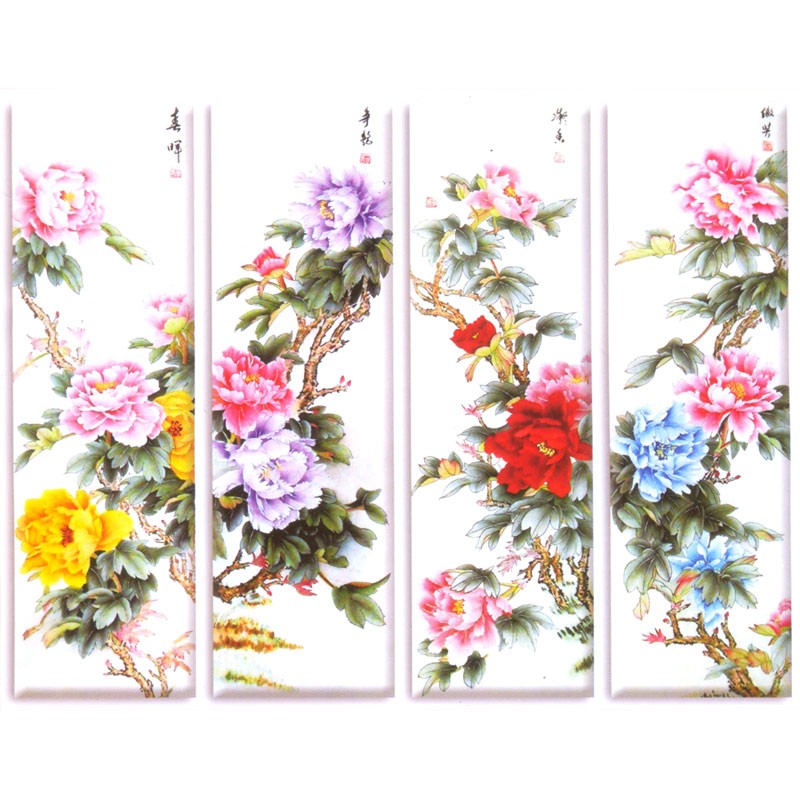 Tranh Thêu Chữ Thập 3D Sắc Hoa Mẫu Đơn A871 (Khách tự thêu) KT:27x68cm x 4