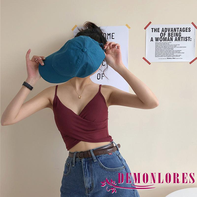 Áo hai dây cổ chữ V khoét sâu croptop bằng len tăm gân có đệm mút gợi cảm quyến rũ cho nữ