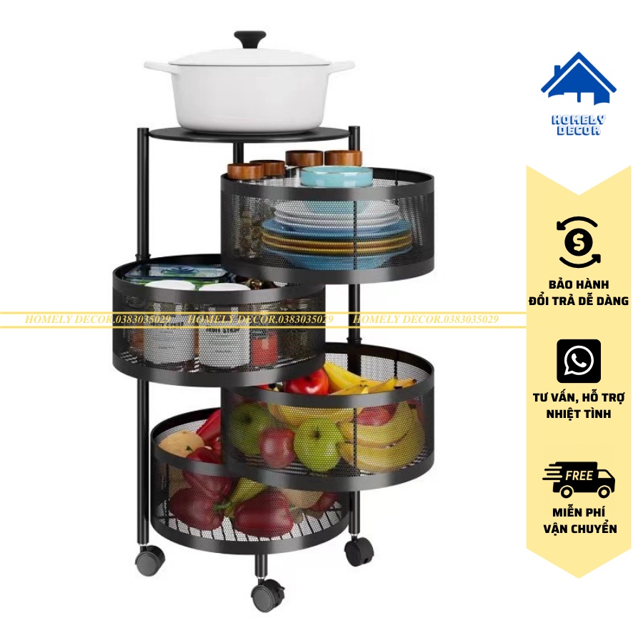 FREESHIP 🆓 Kệ Tròn Xoay Đa Năng - Kệ Để Đồ 4 Tầng Có Bánh Xe Di Chuyển Thép Cacbon Mạ Sơn Tĩnh Điện