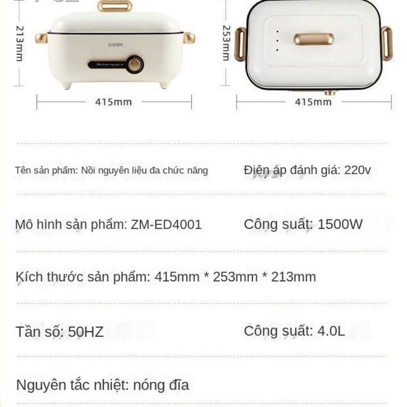 Nồi lẩu, bếp nướng, hấp, chiên, xào, rán đa năng zhenmi dung tích 4 lít, công suất 1500w bảo hành chính hãng 12 tháng