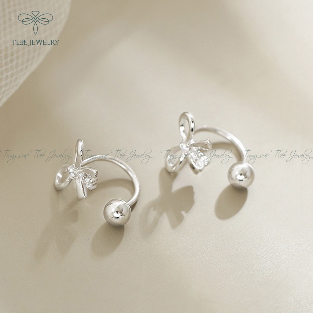 Khuyên tai bạc nữ TLEE nơ cong chốt vặn đính đá sang trọng NCJ B0103