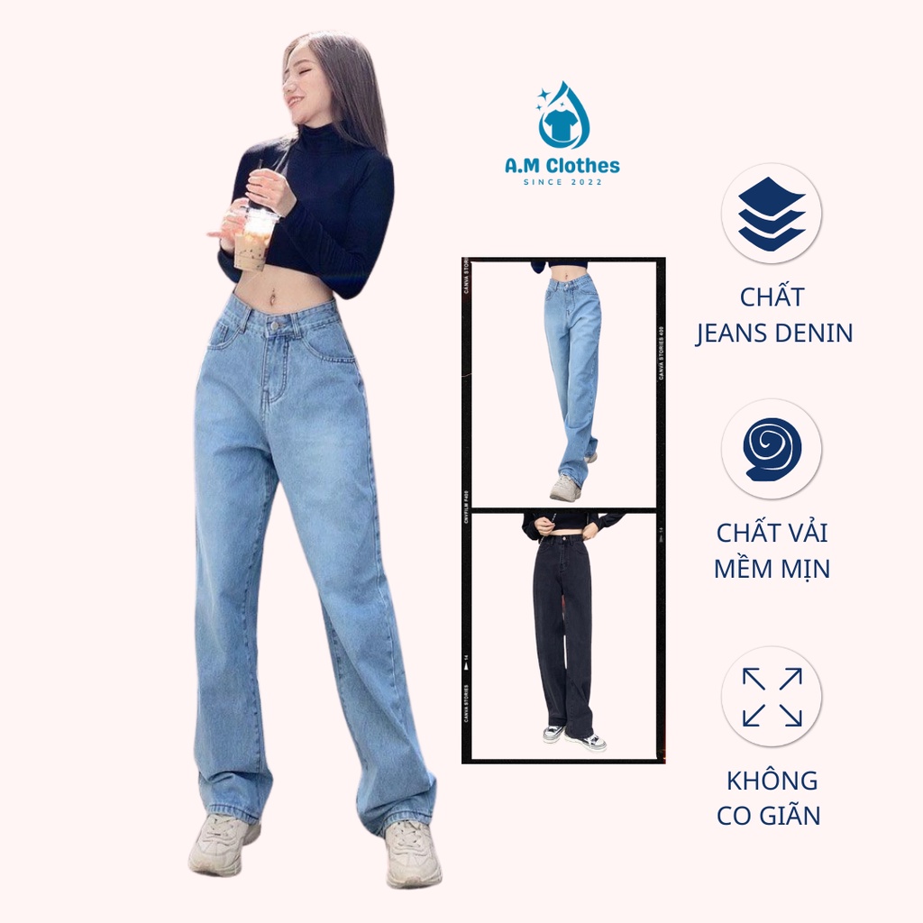 Quần bò ống rộng nữ cạp cao A.M Clothes quần jeans ống rộng lưng cao, vải bò dày đẹp, không giãn,dáng suông kiểu baggy