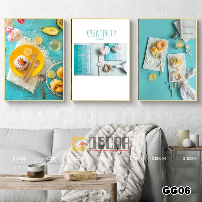 Tranh treo tường canvas khung gỗ 3 bức phong cách hiện đại Bắc Âu 191, tranh hoa lá trang trí phòng khách, quán cà phê