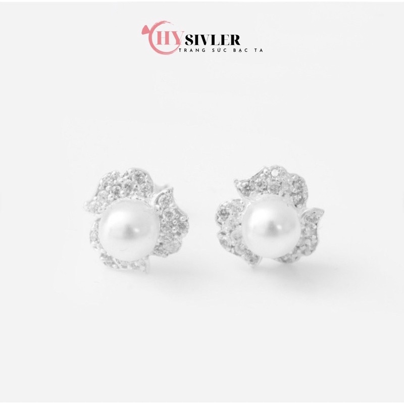 Bông tai bạc ta hoa nạm đá nụ trai nhân tạo sang chảnh