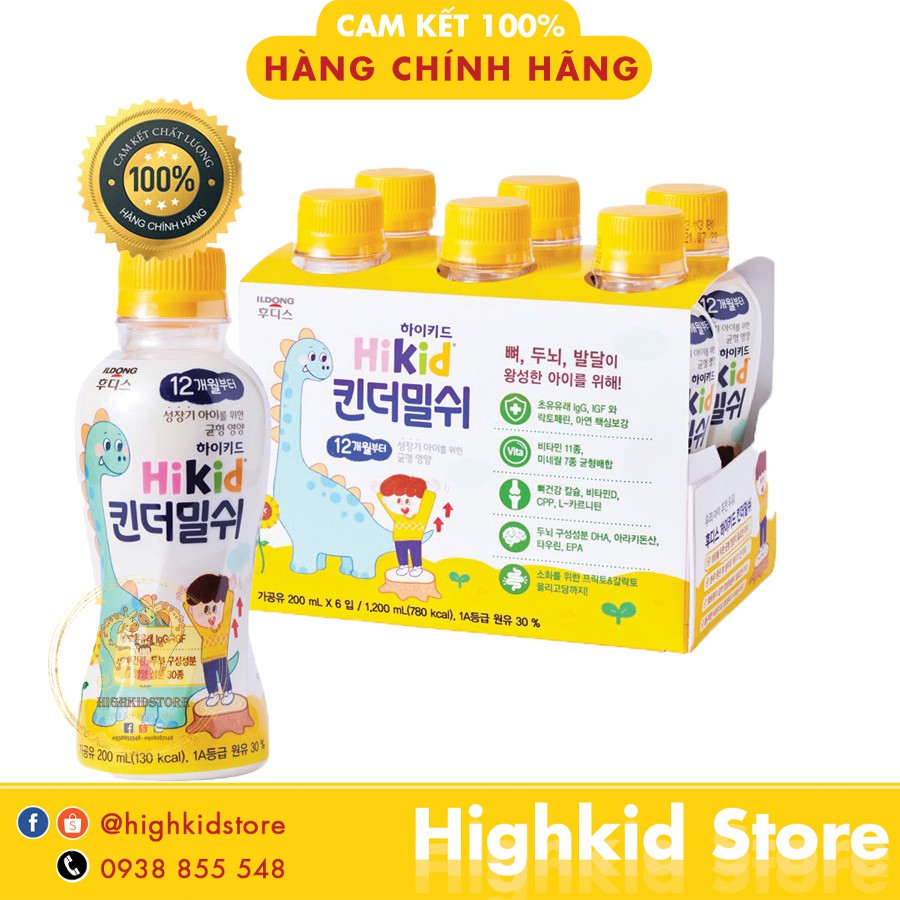 Sũa tươi Hikid Kinder hỗ trợ bé phát triển chiều cao dạng chai 200ml - 2 x Lốc 6 chai