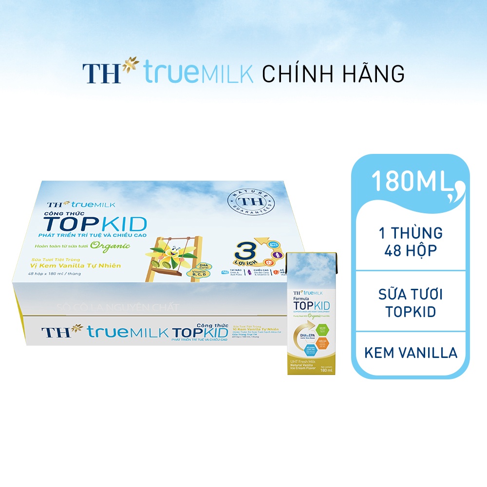 Thùng 48 hộp sữa tươi tiệt trùng TOPKID kem vanilla tự nhiên TH True Milk 180ml (180ml x 48)