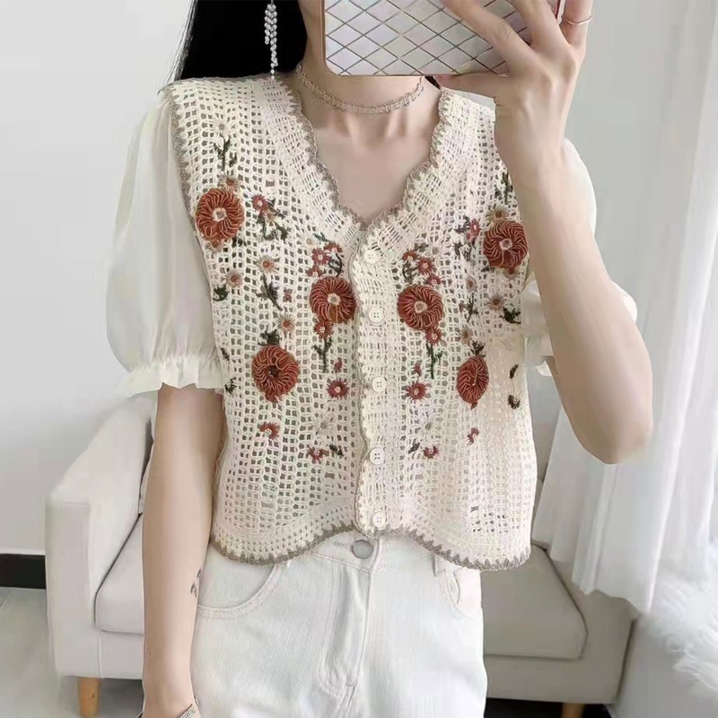 Áo Chiffon Dệt Kim Tay Ngắn Cổ Chữ V Thêu Hoa Ngọt Ngào Cho Nữ