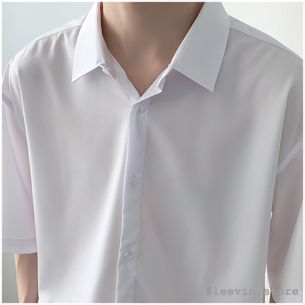 Áo Sơ Mi Ngắn Tay Nam Nữ Unisex Basic TRƠN Vải Cotton Lụa Trắng Và Đen - Kiểu sơ mi tay cộc tay nam Leevin Store