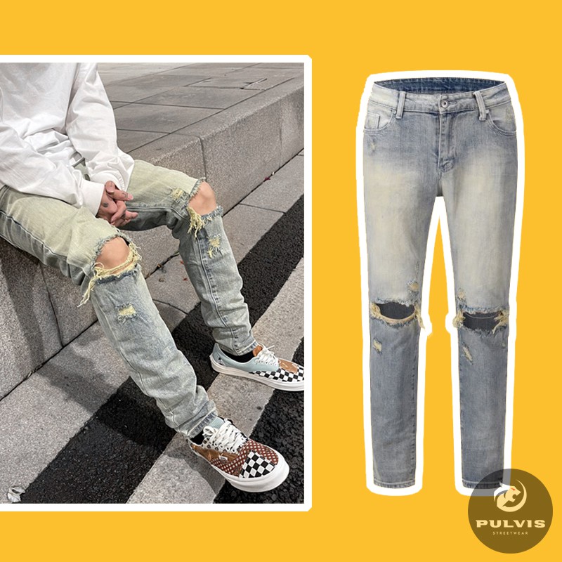 - Quần jeans nam rách gối skinny blue, quần bò nam rách gối