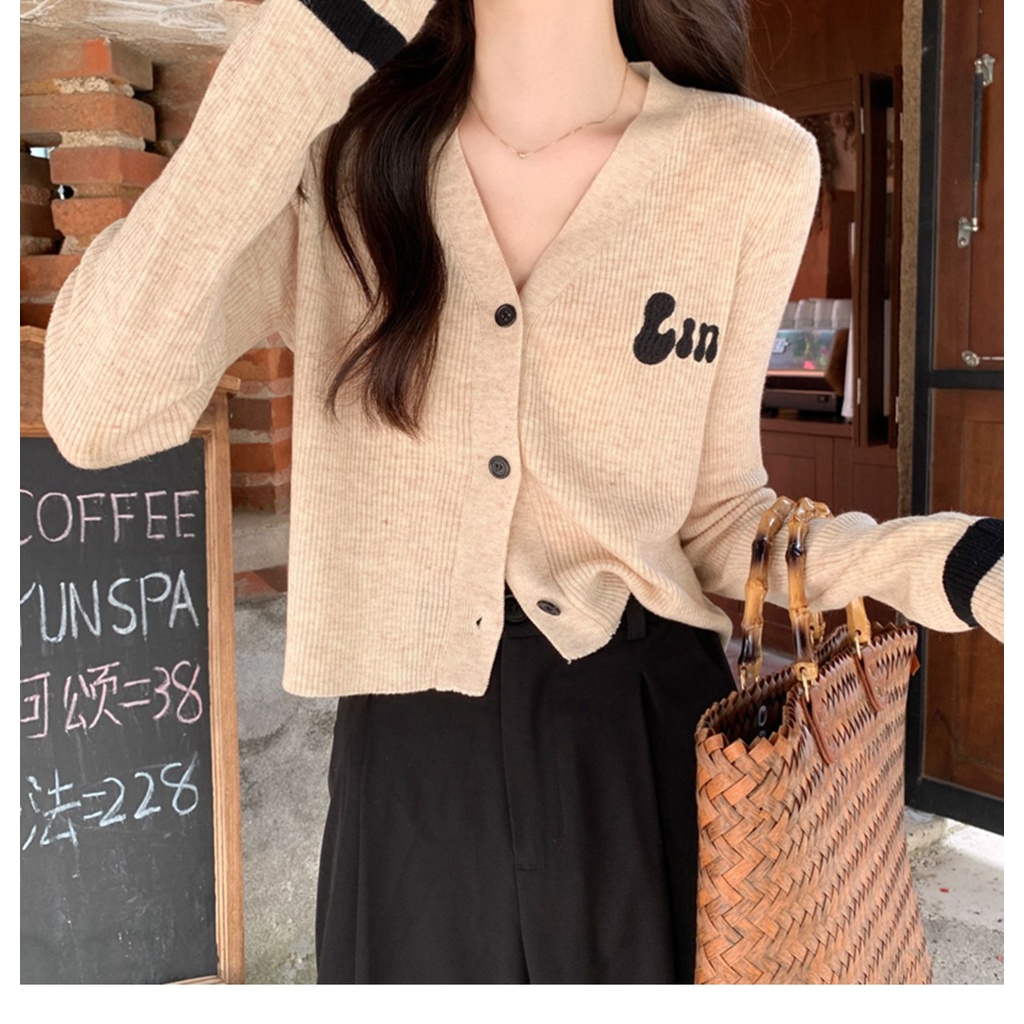 Áo khoác cardigan dệt kim ZHELIHANGFEI tay dài cổ V họa tiết thêu đơn giản dễ phối đồ