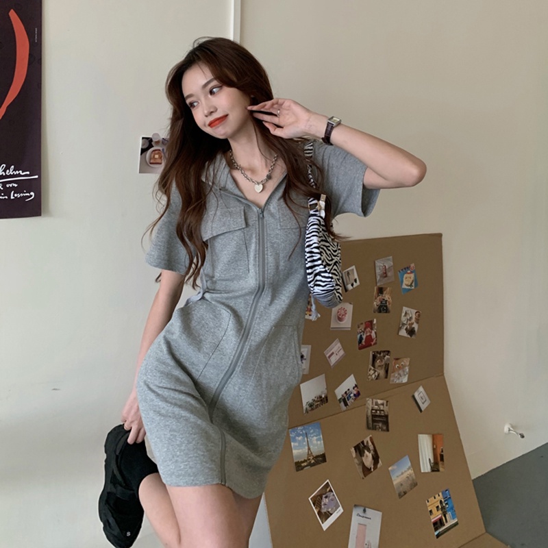 Đầm hoodie PERTY ôm vừa vặn tay ngắn có khóa kéo phong cách Hàn Quốc thời trang dành cho nữ