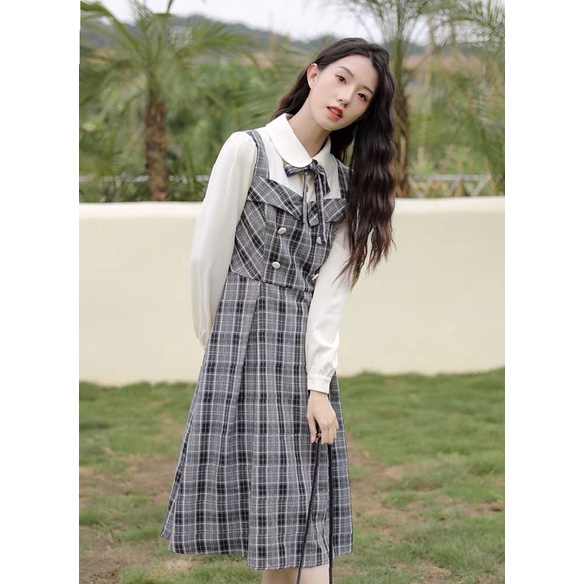 Váy yếm caro tiểu thư dáng dài