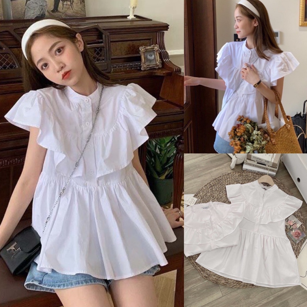 Áo sơ mi nữ bánh bèo cổ trụ tay bồng ngắn tay đơn giản trẻ trung SA108 HOASUMO