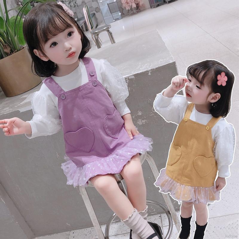 Set Áo Thun Dài Tay Cổ Tròn + Chân Váy Yếm Cho Bé Gái