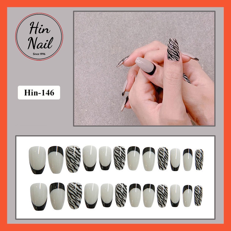 bộ móng giả dài kèm keo dán móng Hin Nail kẻ vằn