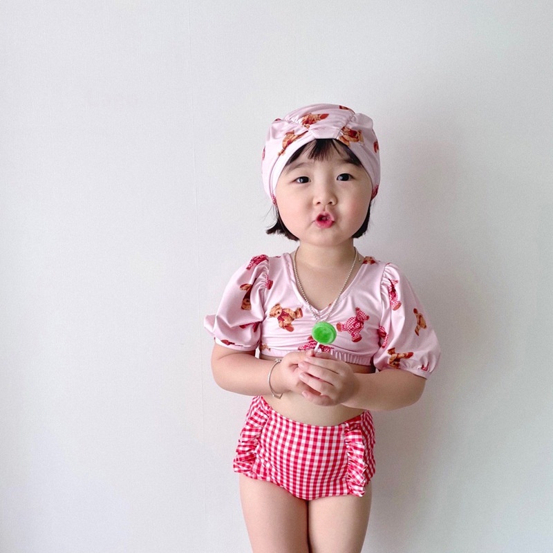 Bộ Đồ Bơi Hai Mảnh Áo Tay Ngắn Và Quần Ngắn Họa Tiết Gấu Hoạt Hình Phong Cách Hàn Quốc Thời Trang Mùa Hè Cho Bé Gái