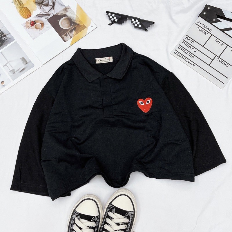 ÁO CROPTOP POLO OVERSIZED THÊU LOGO - ĐEN | BigBuy360 - bigbuy360.vn