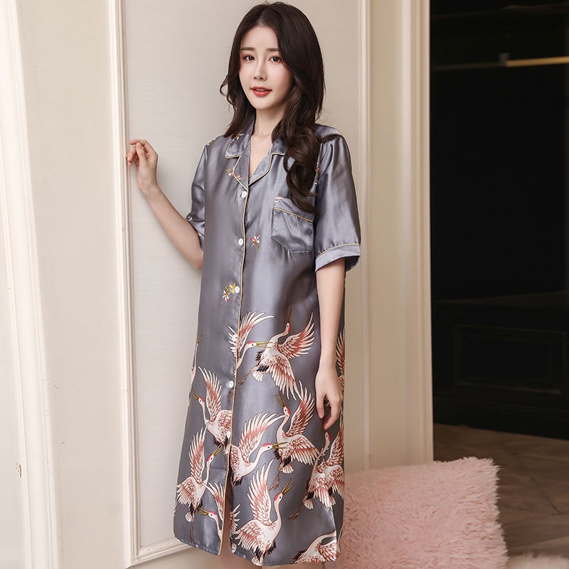 Đầm ngủ lụa satin tay dài thời trang xuân thu có size lớn cho nữ