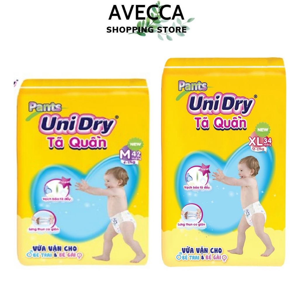 Tã Quần UniDry Size M (Từ 6 - 11kg) gói 42 miếng, Size L (Từ 9 - 14kg) gói 38 miếng, Size XL (Từ 12 - 17kg) gói 34 miếng