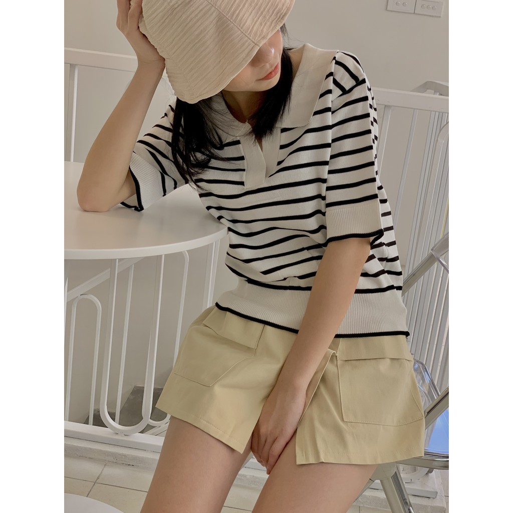 Áo len tăm cổ polo ngực V kẻ SA448 Lollie.studio | BigBuy360 - bigbuy360.vn