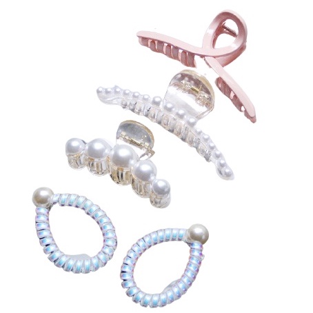 Set 5 phụ kiện tóc Hàn Quốc - Túi 5 món mix dây cột tóc + kẹp càng cua giả ngọc trai tiểu thư sang chảnh 100147