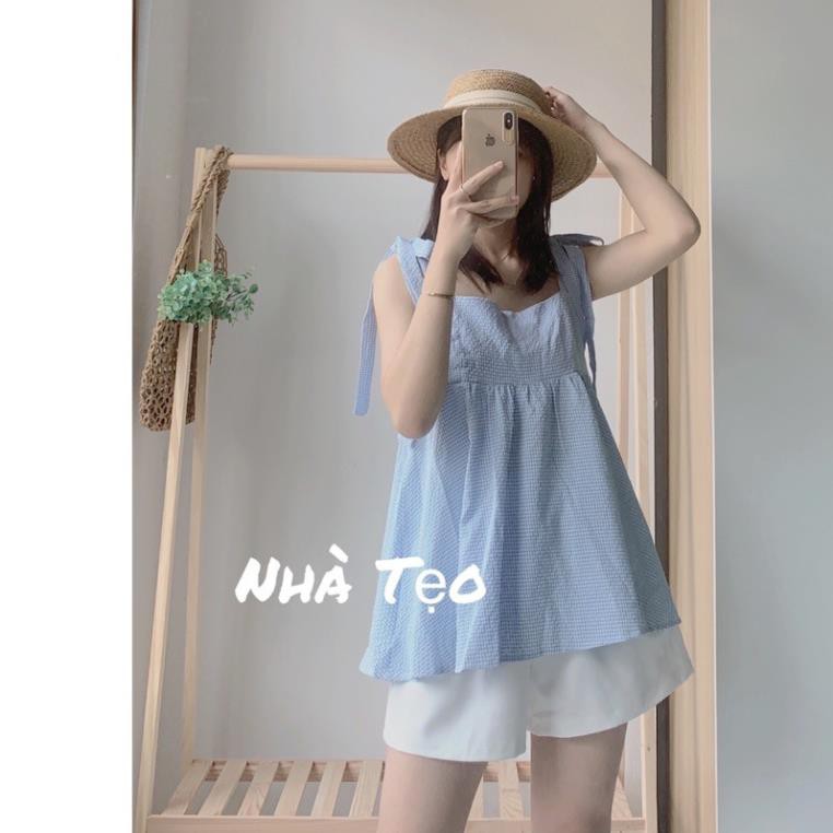 Set áo hai dây xốp quần sooc trắng siêu xinh - Set bộ áo hai dây đi biển đi dạo phố ་