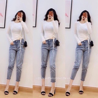Áo thun cotton dài tay rút eo siêu đẹp.