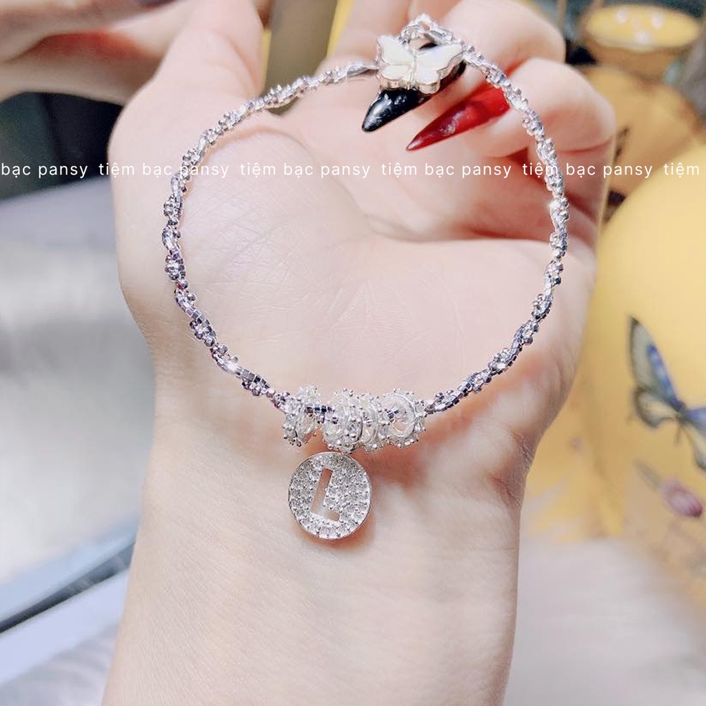 Vòng tay bạc nữ PANSY mix charm chữ cái lấp lánh - Lắc tay xoắn bạc ta cao cấp treo kí hiệu tên riêng