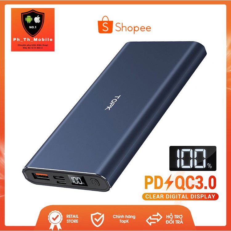 Sạc Dự Phòng TOPK Cho iPhone Huawei Samsung Xiaomi Oppo Vivo Realme Hai Cổng Dung Lượng 10000mAh Có Màn Hình Điện Tử