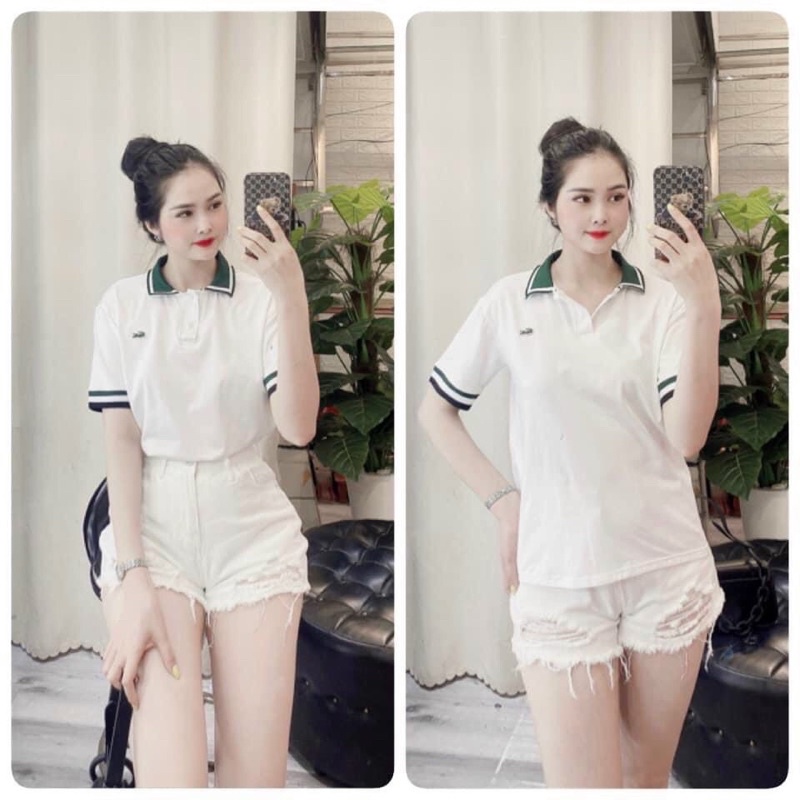 Áo polo trắng viền đỏ đen mác hiệu cộc tay