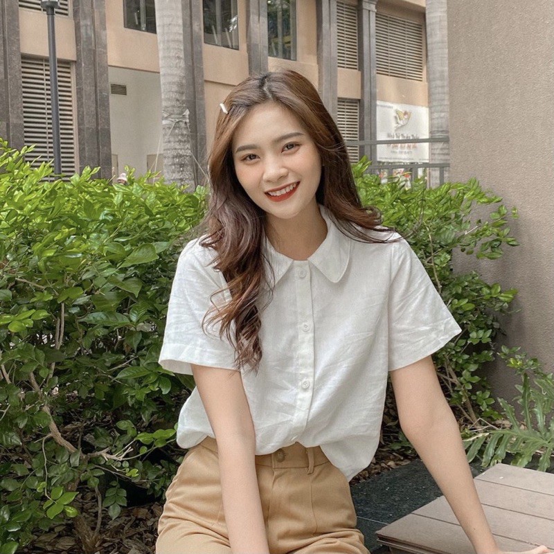 Áo sơ mi dáng croptop tay ngắn phối cổ bèo vải linen cao cấp Camila Shirt - Sibling House