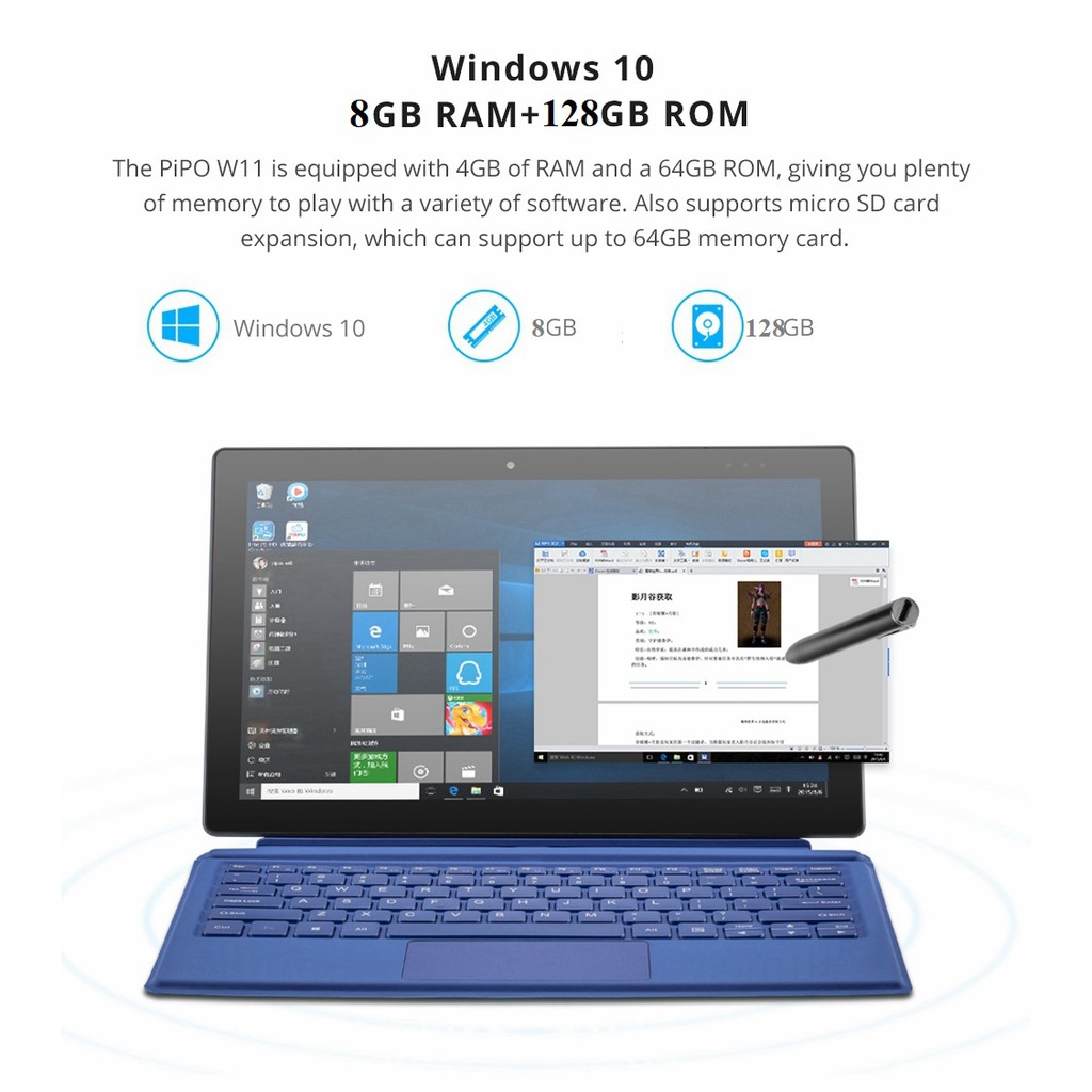 Máy tính bảng Pipo W11 chip N4120/8G ram/128G eMMC/11.6 inch Full HD
