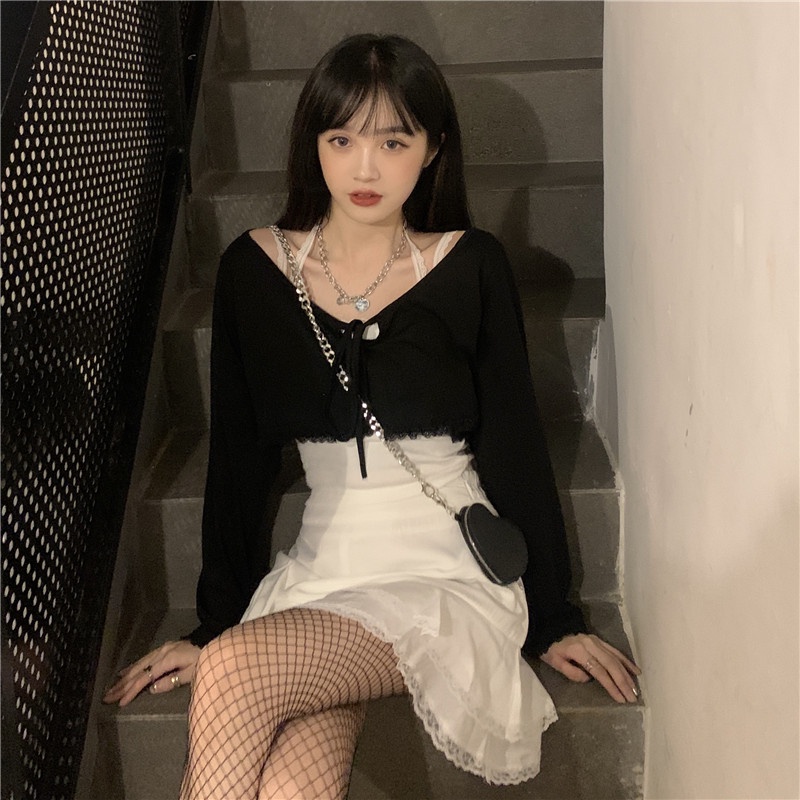 Set Áo Khoác Dài Tay + Áo Hai Dây + Chân Váy Thời Trang Dành Cho Nữ