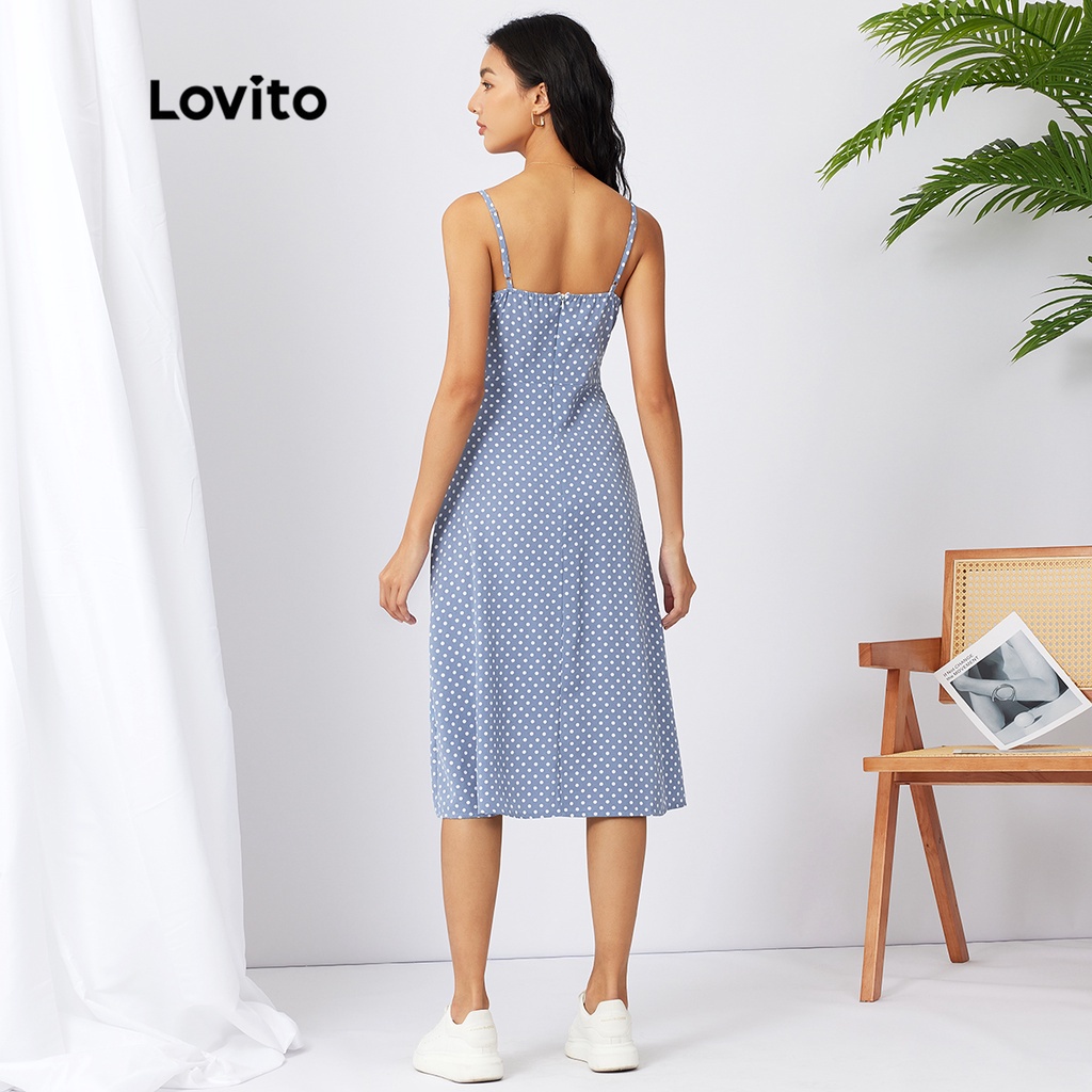 1221de-Lovito Thường xuyên Polka Dot Tie Split Front Spaghetti Straps Dress L21AS025 (Blue)