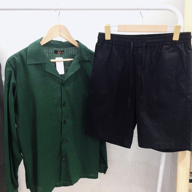 Áo sơ mi nam dài tay cổ cuba, cuban shirt màu xanh hot trend