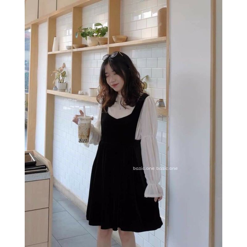 Set yếm bbd+áo trắng tay bo/Set yếm babydoll