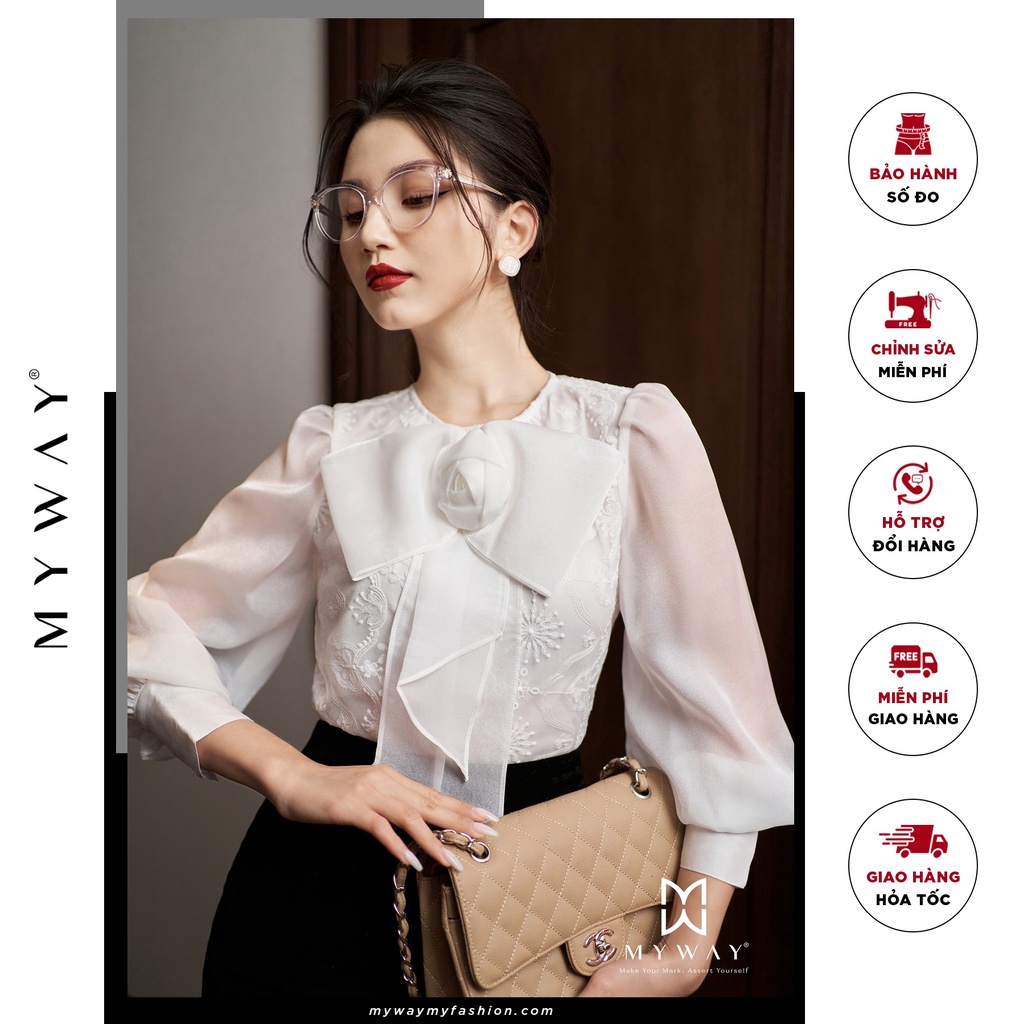 Áo Sơ Mi Thiết Kế Trắng Nữ MY WAY Tay Bồng Đính Nơ Cao Cấp 5MA0766