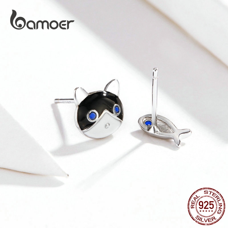 BAMOER Bông Tai BạC Hình Mèo Và Cá Đáng Yêu
