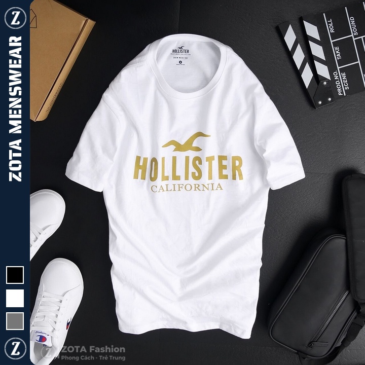 Áo phông nam trắng ngắn tay không cổ chất cotton tici in hình Hollis.ter