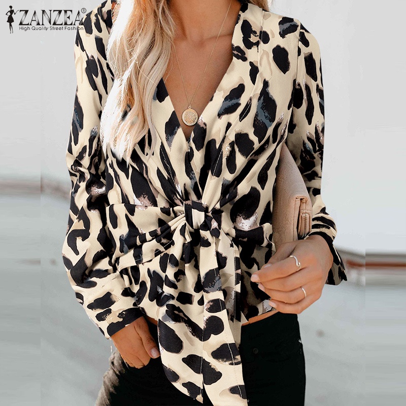 Áo Zanzea tay dài cổ chữ V họa tiết da báo thời trang cá tính dành cho nữ