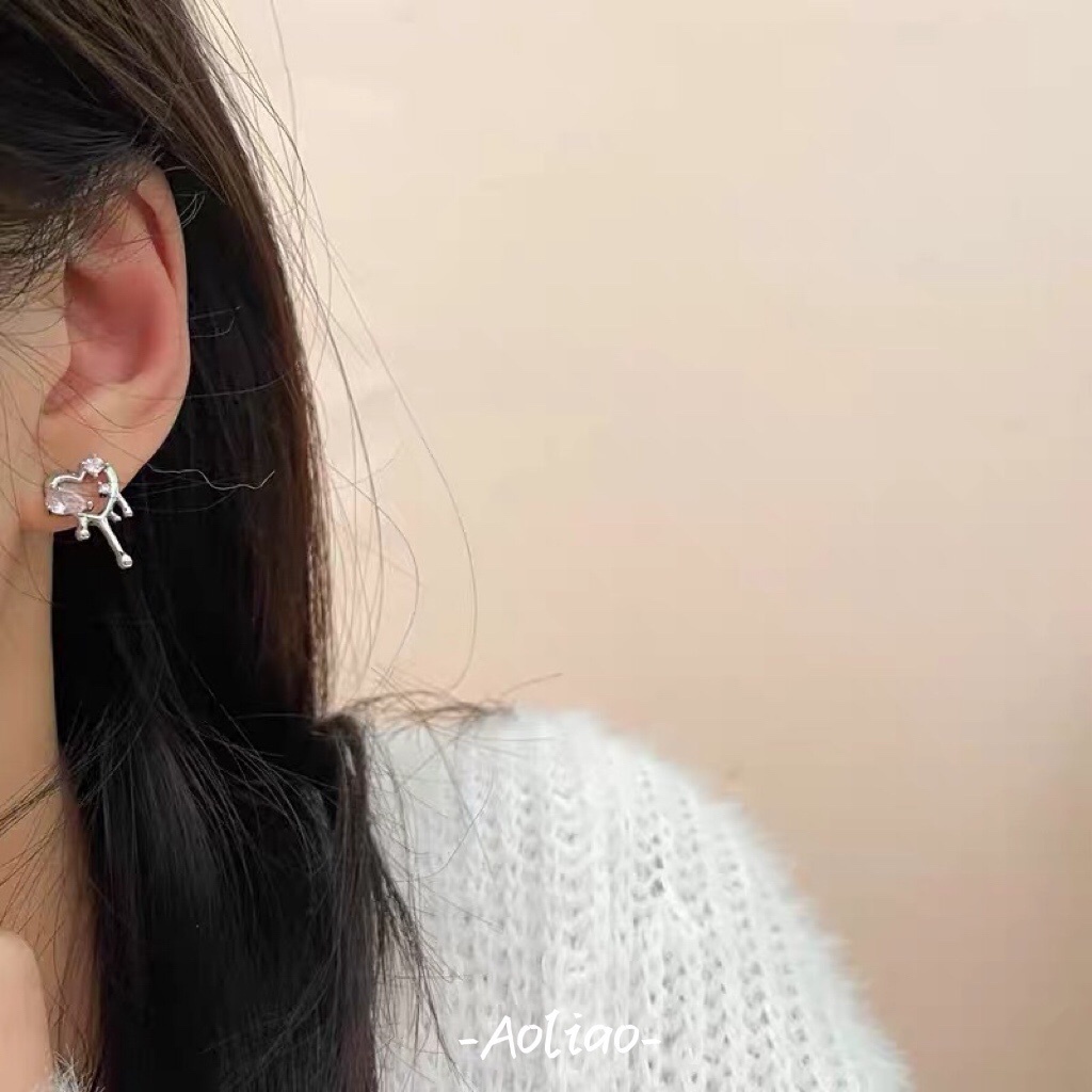 Khuyên Tai Kim Loại Hình Giọt Nước Đính Đá Zircon Hồng Nữ Tính