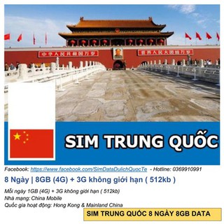 Sim Trung Quốc 8D Ngày 7GB(4G)  + 3G (512kbs) unlimited