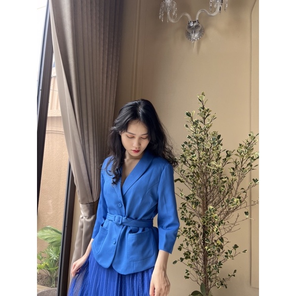 Set áo blazer chân váy xanh nước biển tôn da